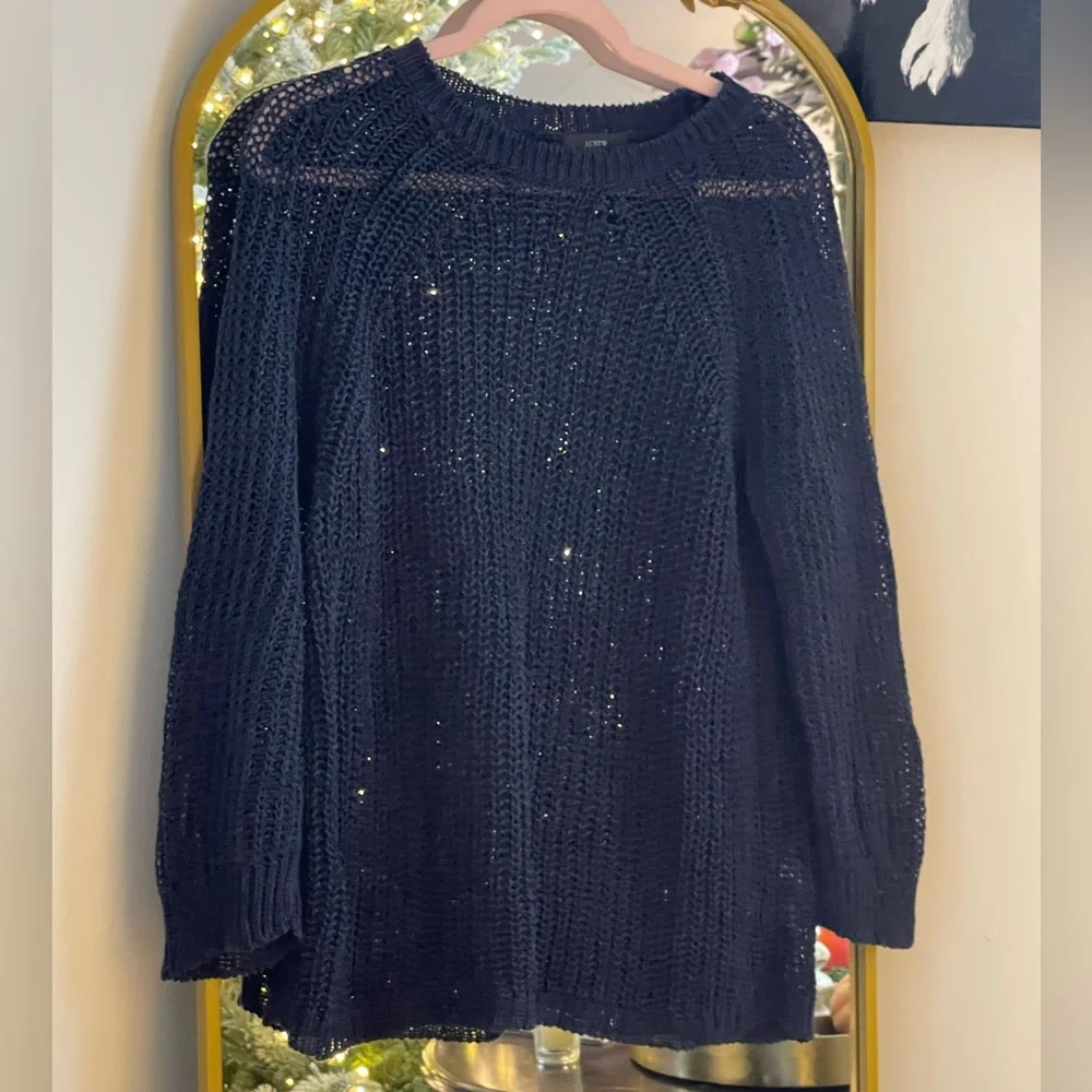 J. Crew Knit 100% Linen Sweater Navy Blue Mesh Crew Neck Long Sleeve - Picture 2 of 9